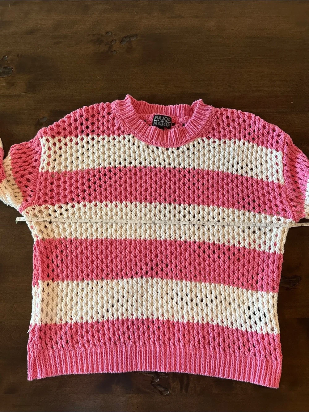 Major Label Group  Pink & White Open-Weave Stripe Crewneck Sweater Size L